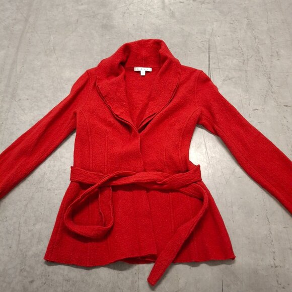 Cabi Red Shawl Collar Open Front Belted Knit Cardigan Merino Wool Sweater SM - Picture 1 of 12